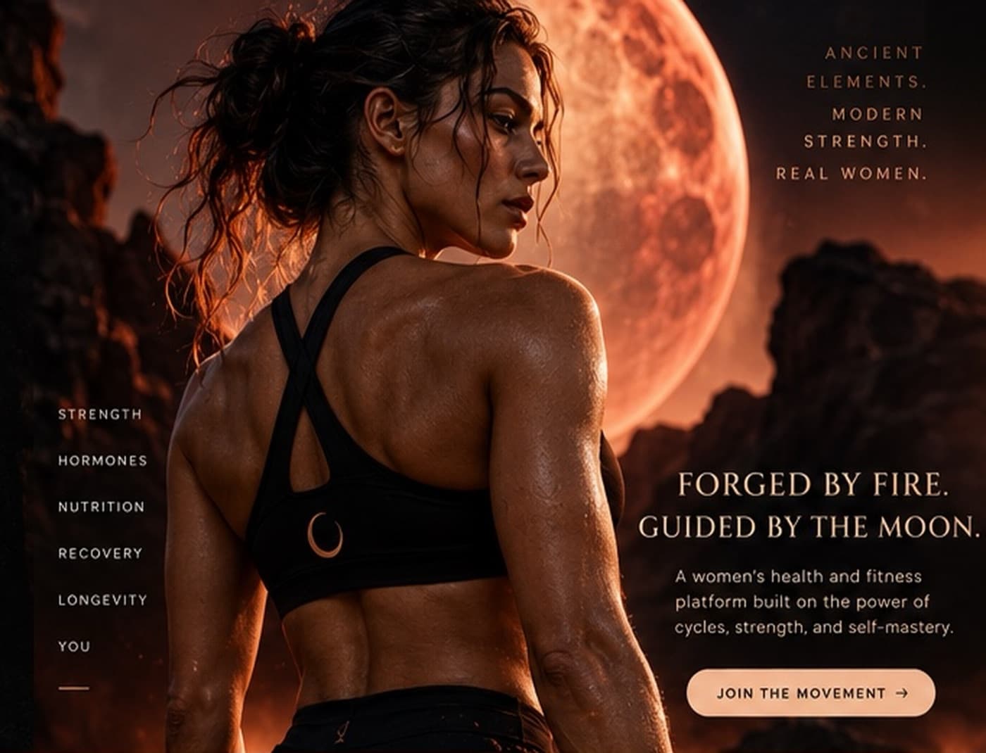 An athlete in a black sports top, seen from behind, in front of a huge glowing copper moon